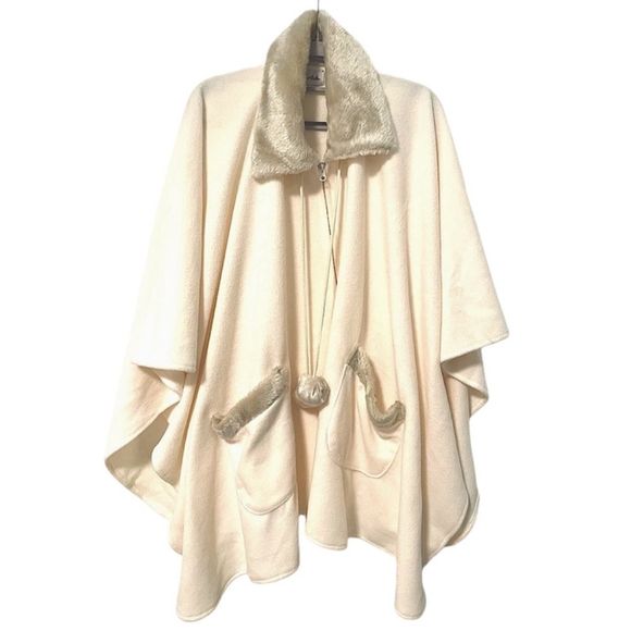 LeModa Zip Front Faux Fur Fleece Cape Cream Colored. One Size Fits Most - Picture 3 of 5